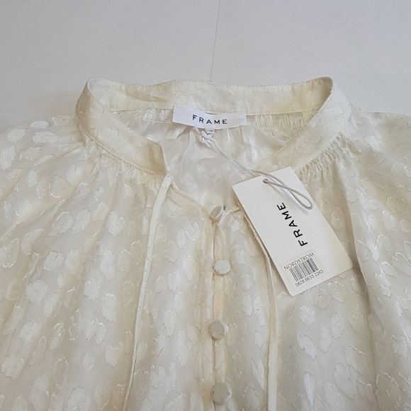 FRAME Spot Jacquard Silk Blend Smocked Peasant Top In Off White - Picture 13 of 16